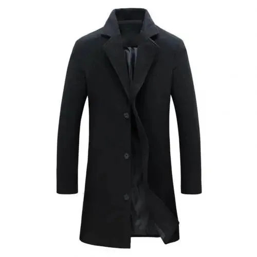 Mens Autumn Winter Solid Colour Single Breasted Lapel Long Casual Overcoat