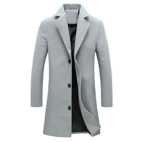 Mens Autumn Winter Solid Colour Single Breasted Lapel Long Casual Overcoat