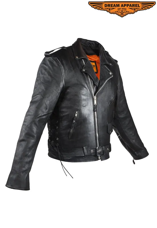 Mens Leather Motorcycle Jacket With Classic Collar