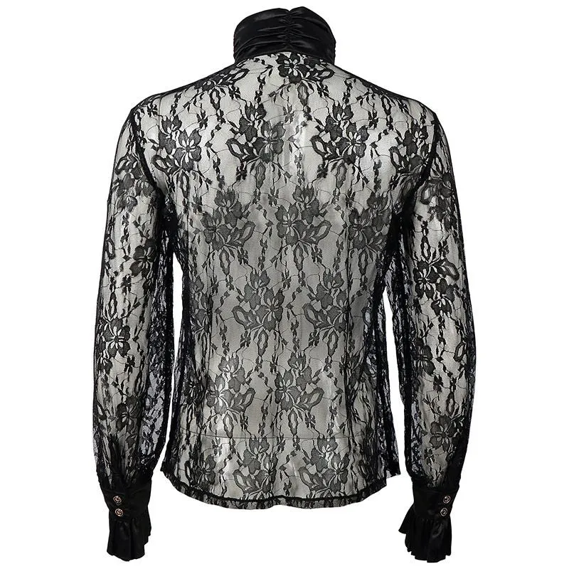 Men's Medieval Lace Shirt Jabot Collar Victorian Gothic Halloween Black Tops Long Sleeves