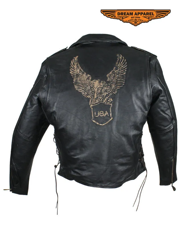 Mens Retro Black Motorcycle Jacket W/ Raised American Eagle