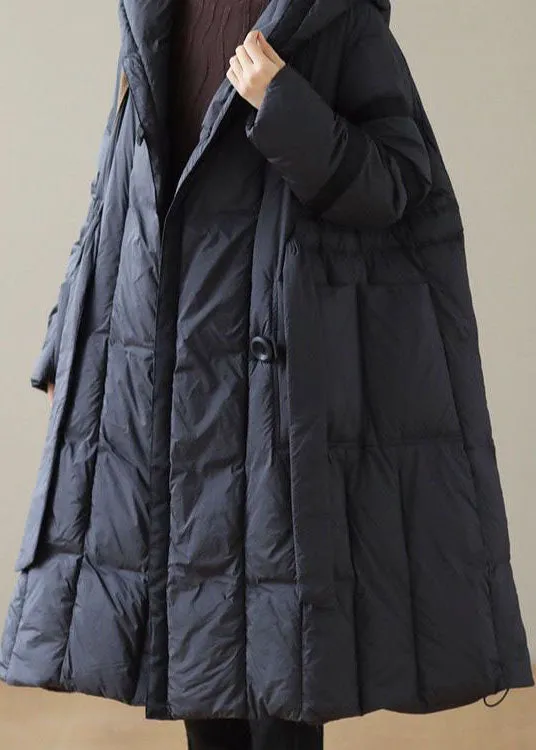 Modern Black Hooded Patchwork Tie Waist Duck Down Puffer Jacket Winter