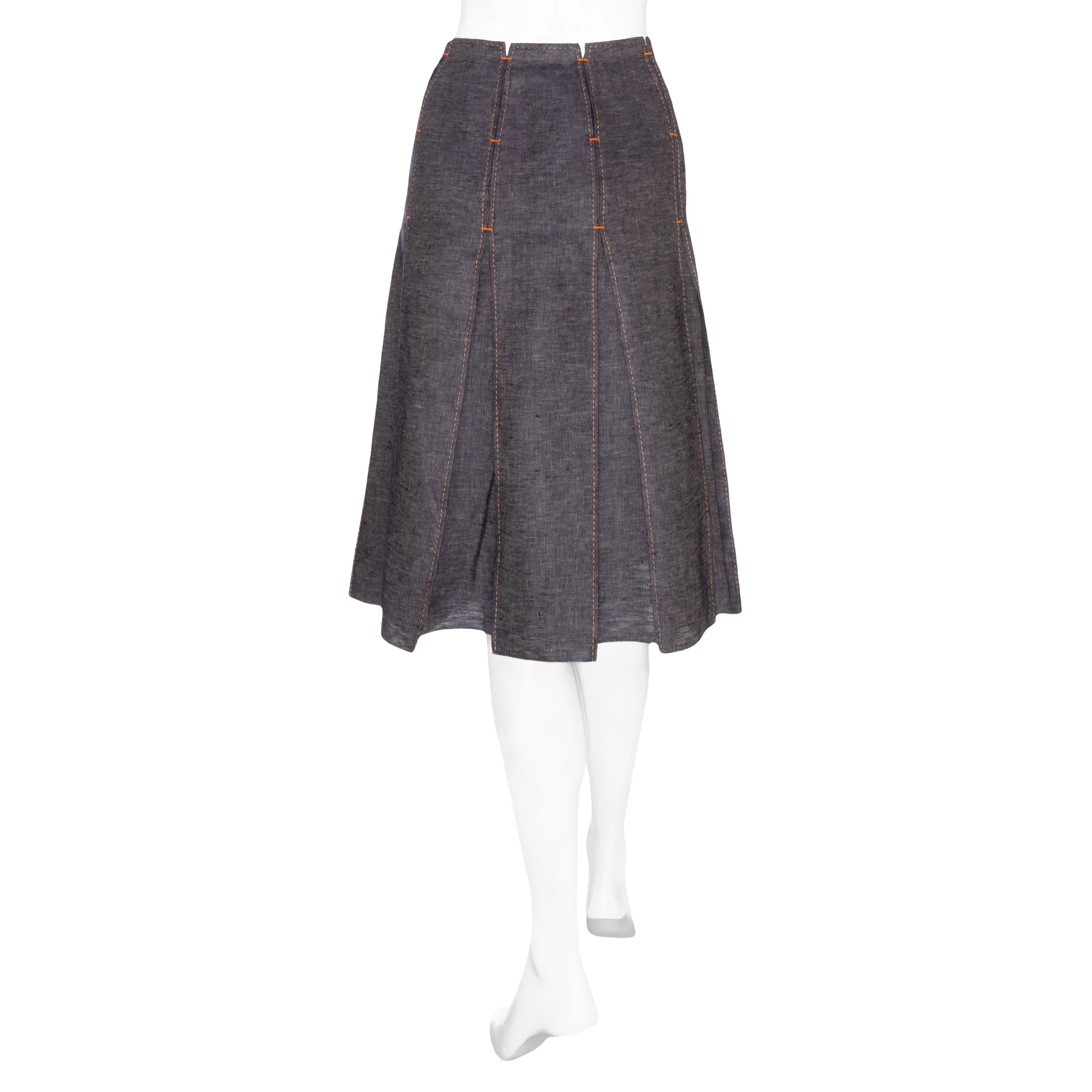 Navy Blue Linen Pleated A-Line Skirt