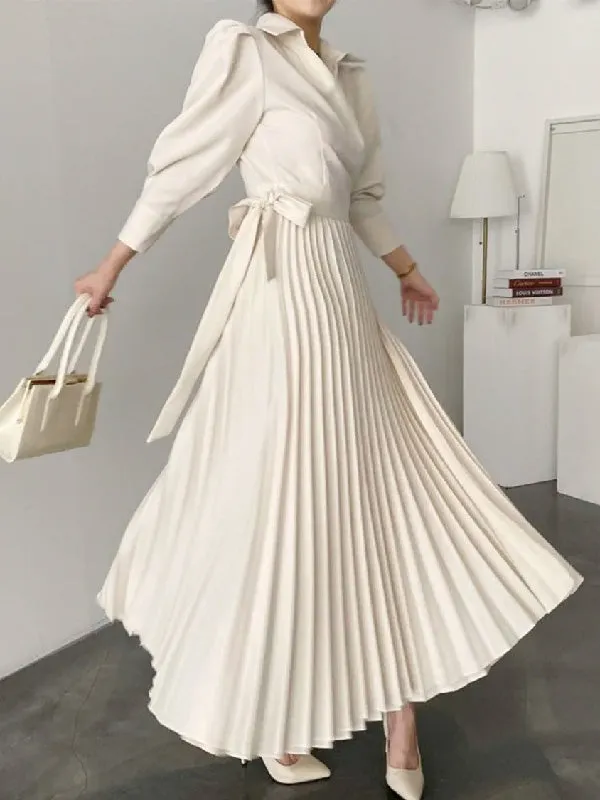 Office Pleated Asymmetric Solid Color Lapel Maxi Dresses