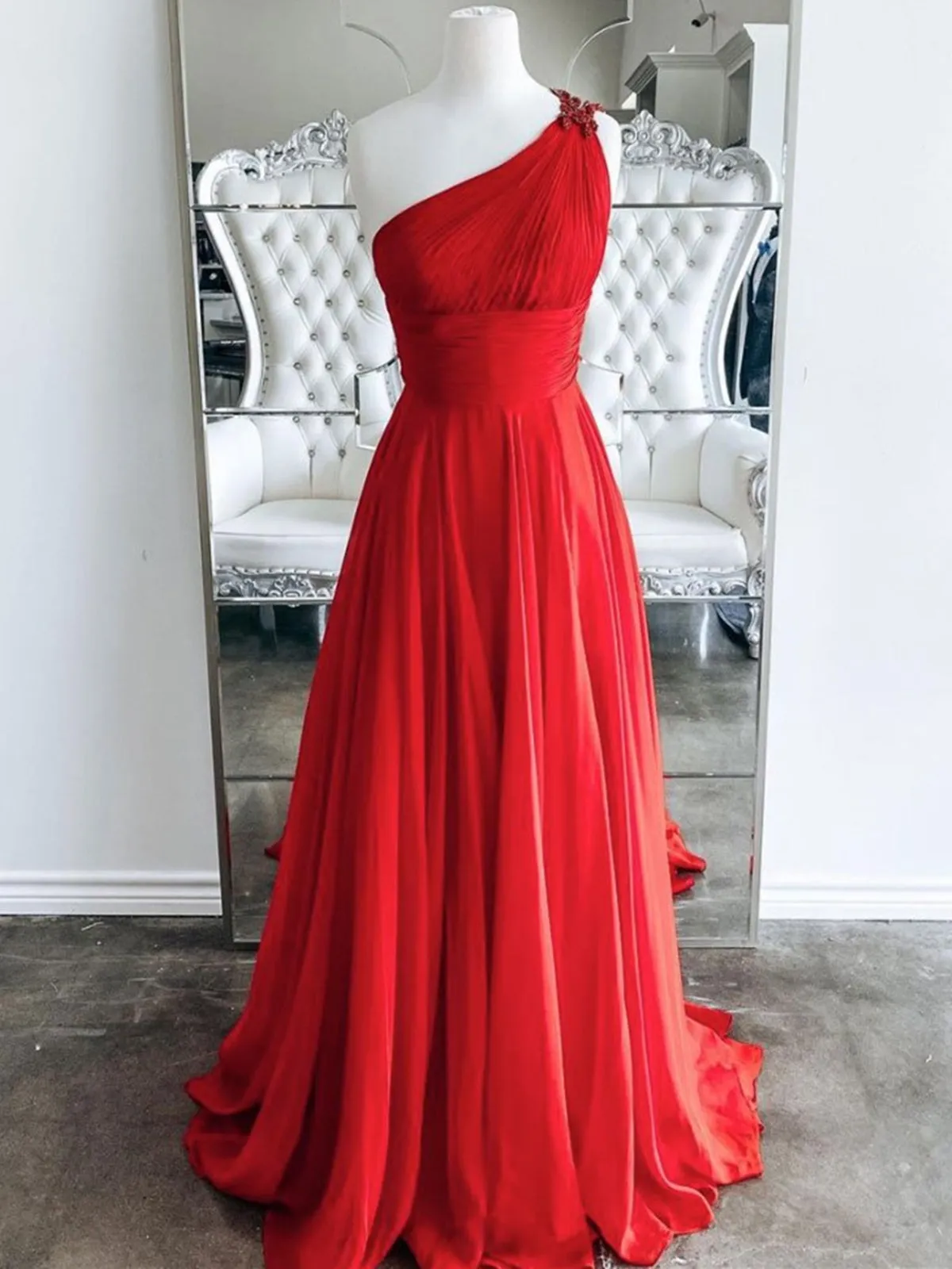 One Shoulder Backless Red Chiffon Long Prom, One Shoulder Red Formal Evening