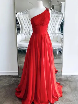 One Shoulder Backless Red Chiffon Long Prom, One Shoulder Red Formal Evening