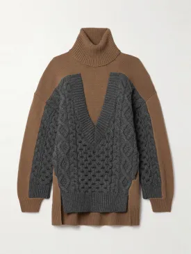 Paneled ribbed and cable-knit wool turtleneck sweater