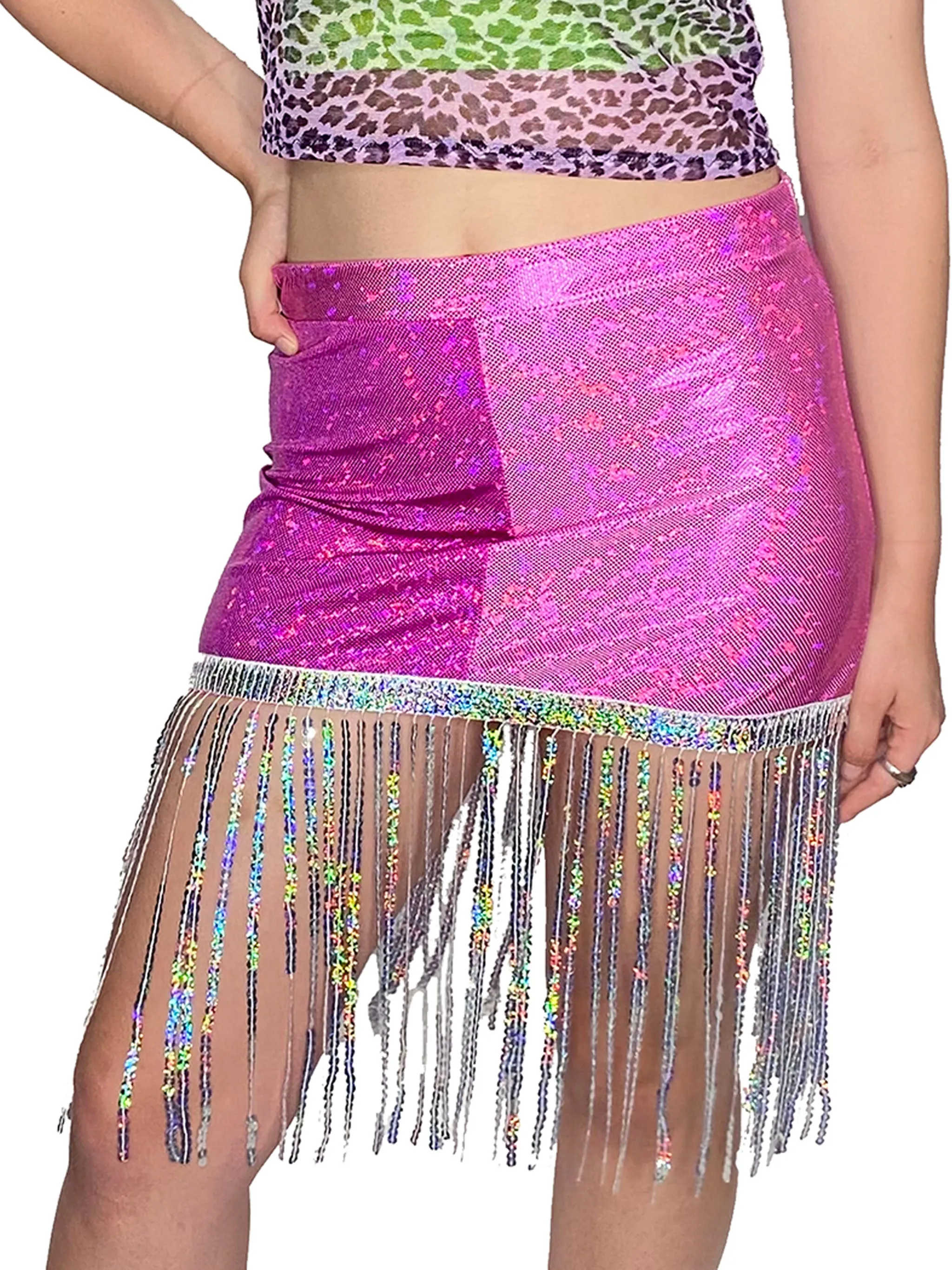 Pink Sequin Fringe Mini Skirt