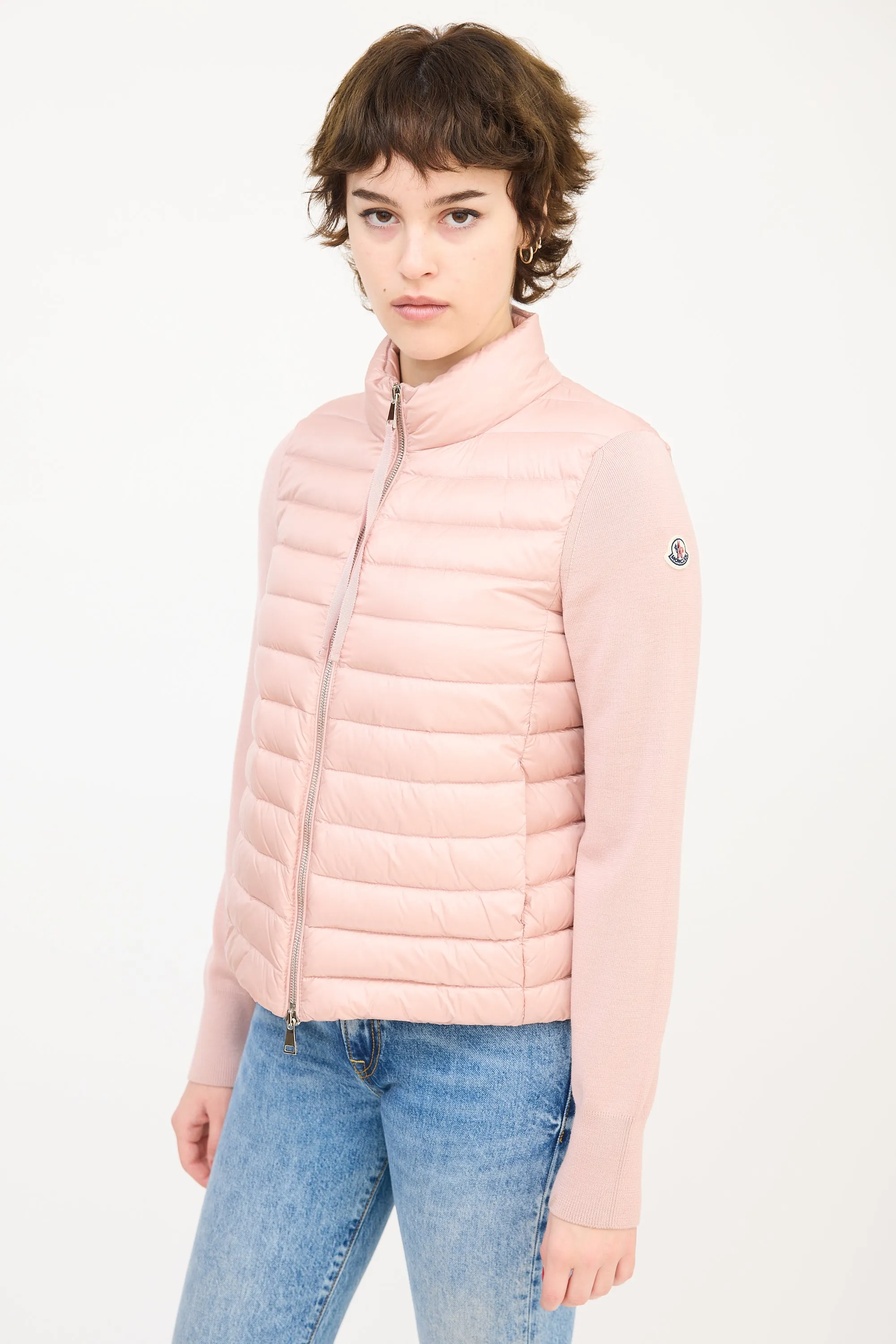 Pink Wool Sleeve & Nylon Shell Puffer Jacket