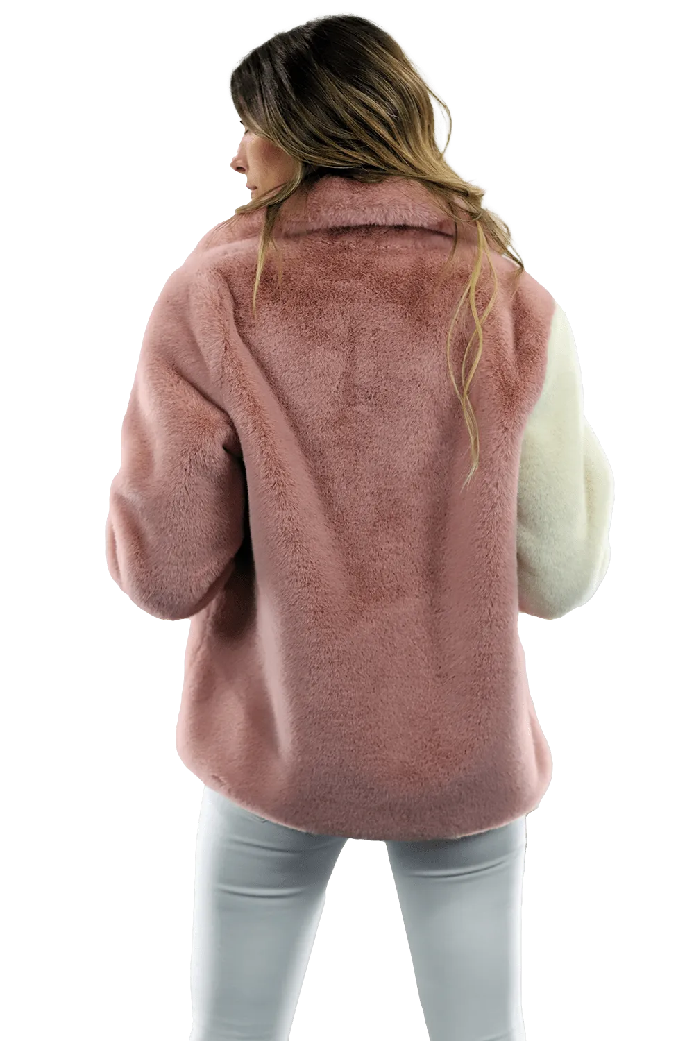 Plush Faux Fur Color Block Coat - Pink/White