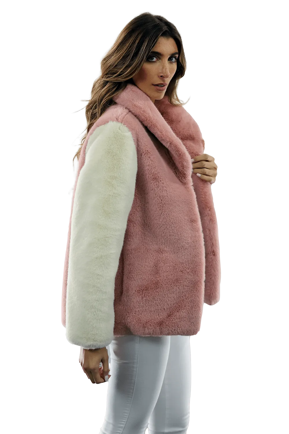 Plush Faux Fur Color Block Coat - Pink/White