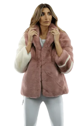 Plush Faux Fur Color Block Coat - Pink/White