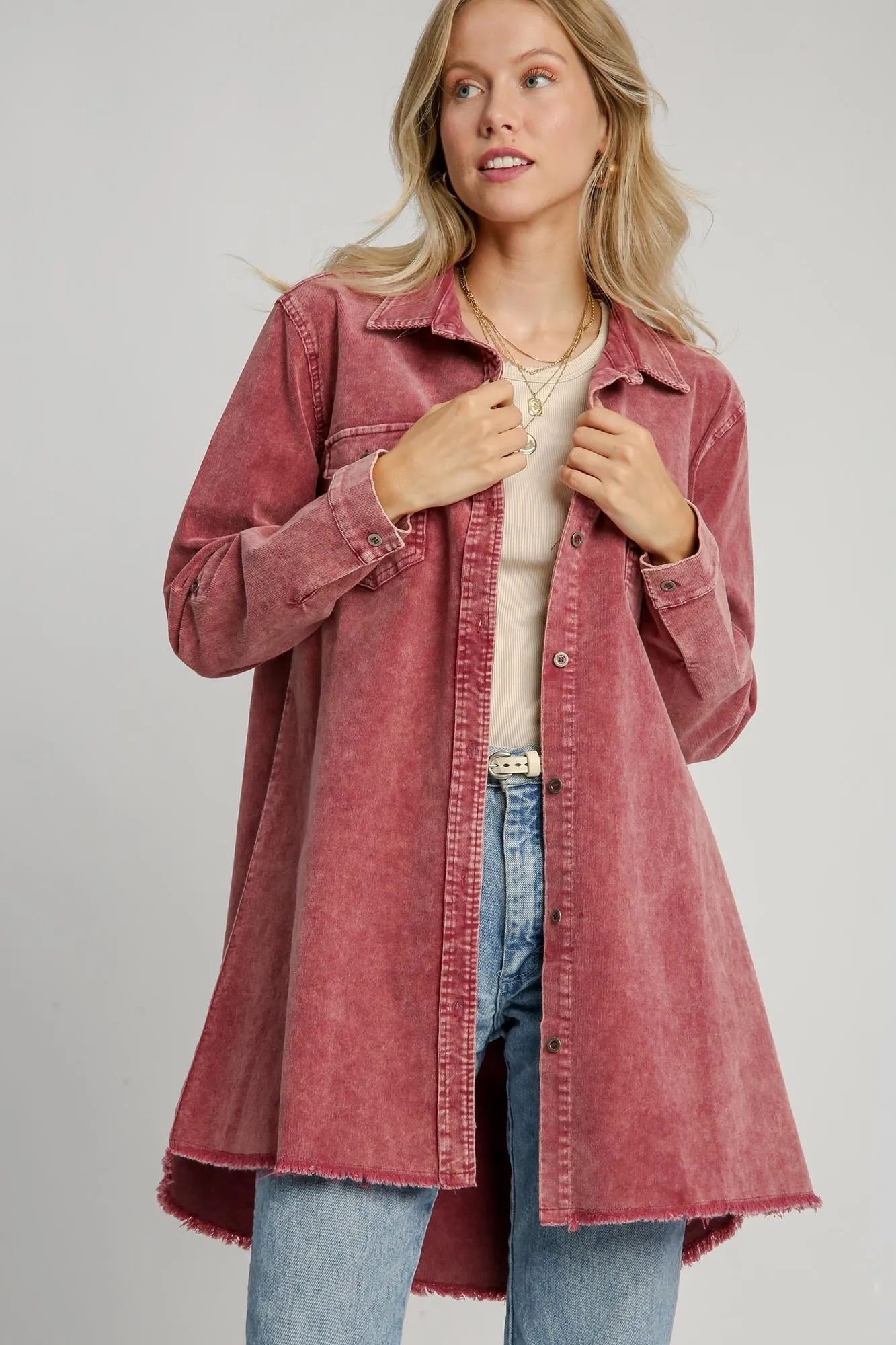 Raw Hem Button Down Denim Jacket with Chest Pockets