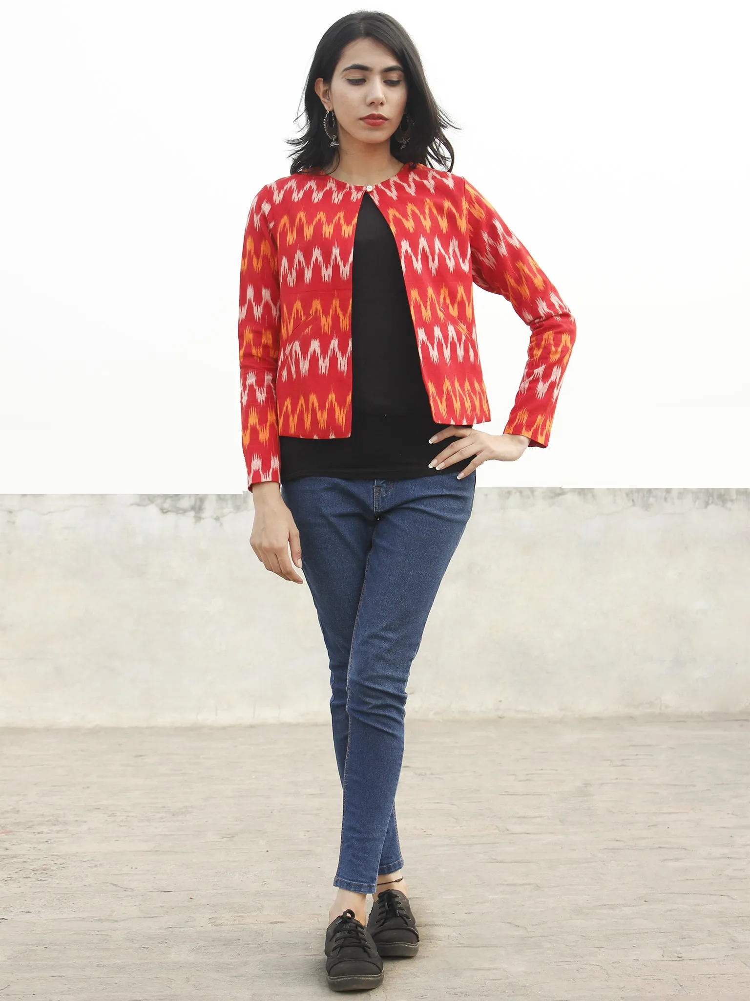 Red Yellow Ivory Hand Woven Ikat Crop Jacket With Front Pockets - J05F961