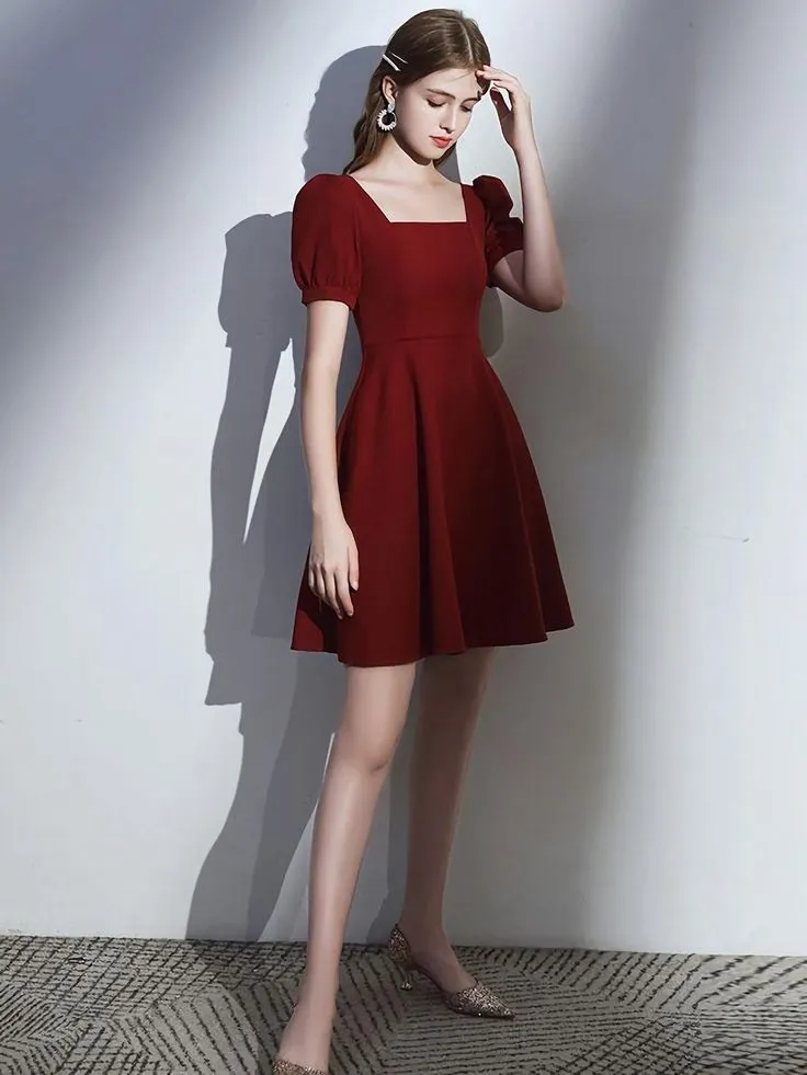 Simple Burgundy Short Prom Dress, Burgundy Homecoming Dress   S2910