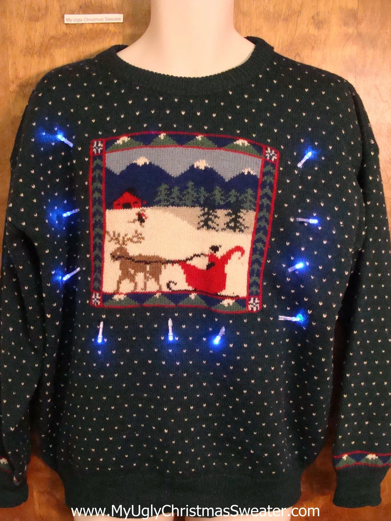 Sleigh and Reindeer Snowy Light Up Ugly Xmas Sweater