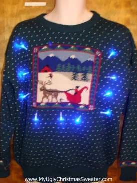 Sleigh and Reindeer Snowy Light Up Ugly Xmas Sweater