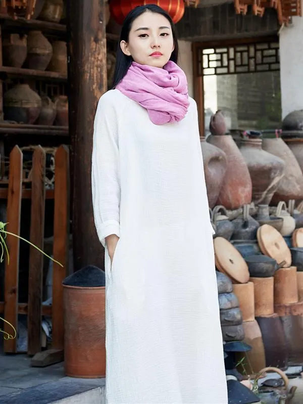 Soft White Long Sleeves Ramie Cotton Long Dress