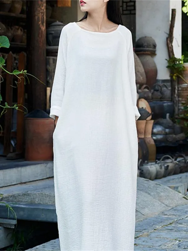 Soft White Long Sleeves Ramie Cotton Long Dress