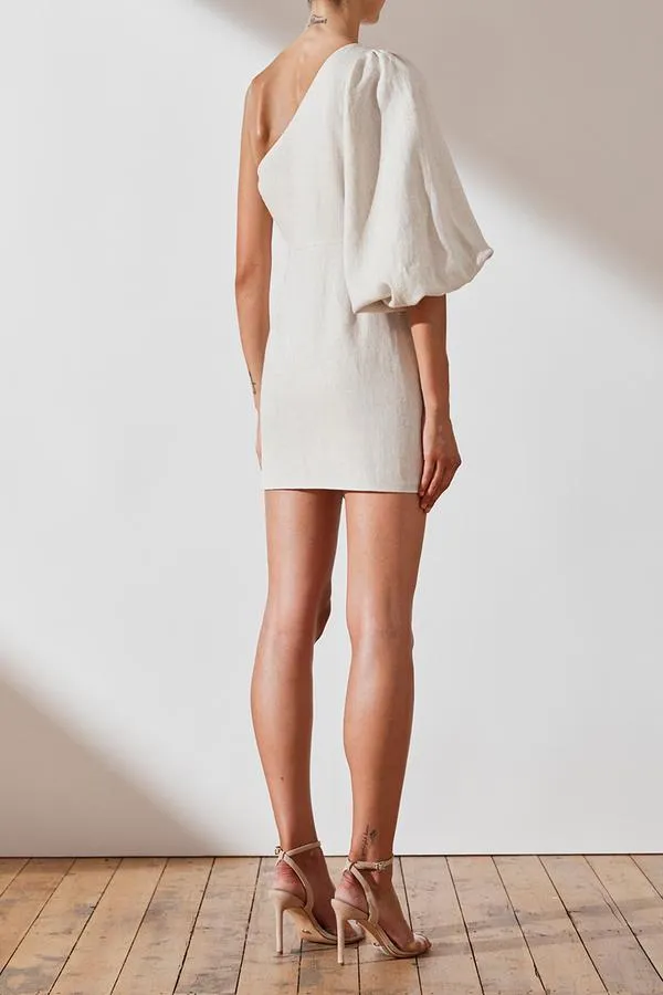 St Martin Linen One Shoulder Mini Dress- Natural