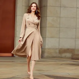 Suit Collar Dress Long Sleeve Office Style Asymmetrical Long Dress Slim with Belt