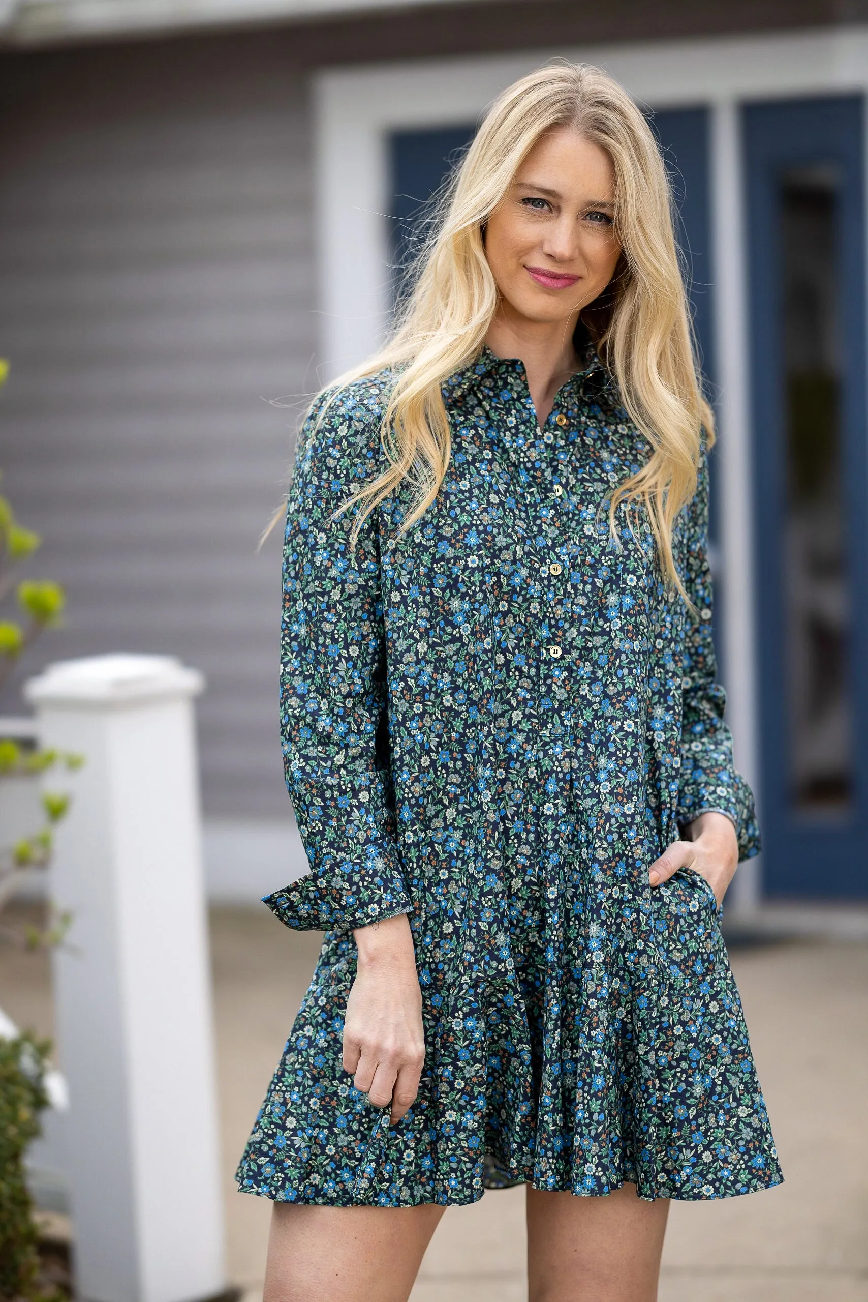 The Iris Drop Waist Shirt Dress in Green Floral