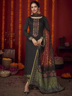 Unstitched Embroidered Cotton Satin Black Salwar Suit Set Material