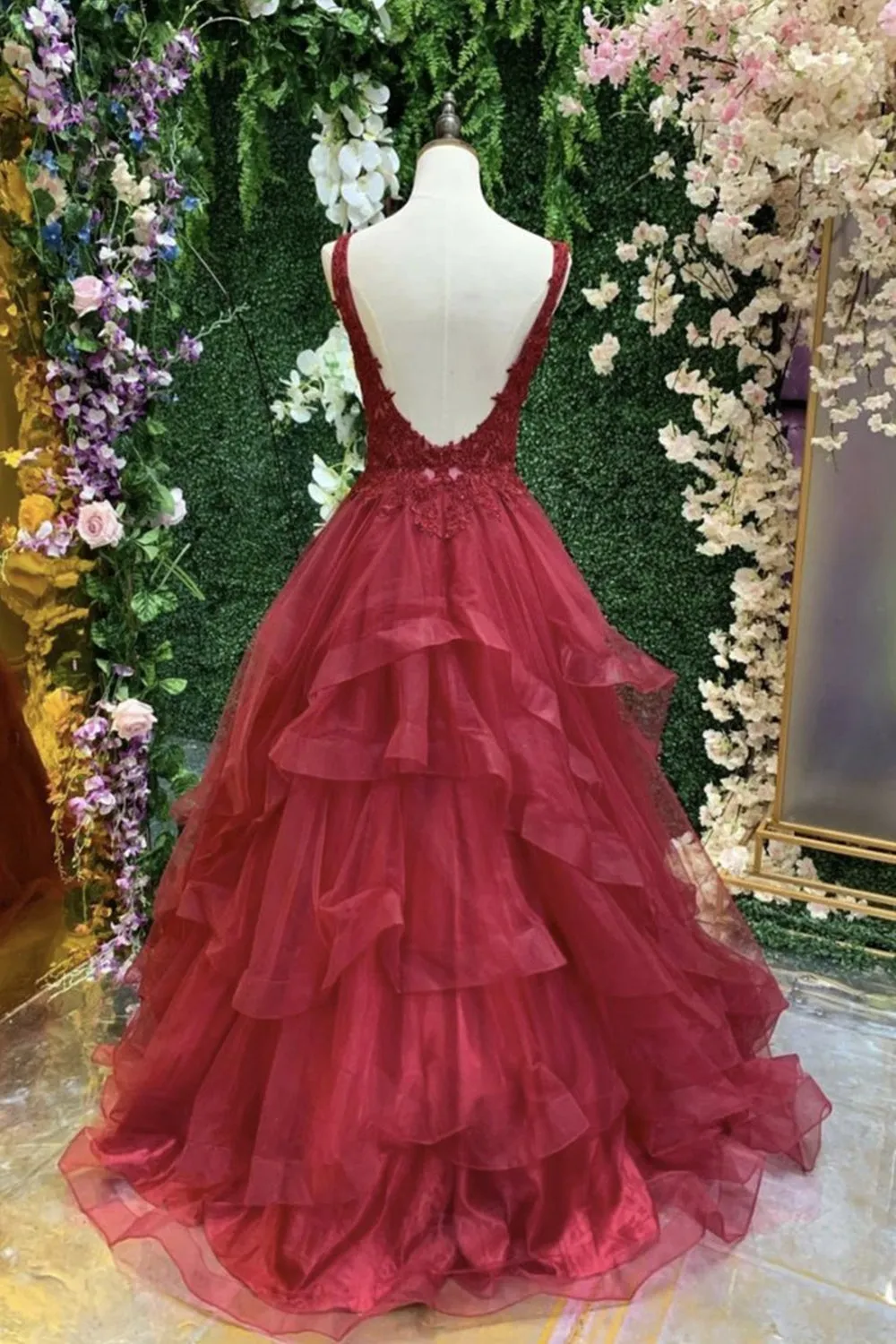 V Neck Open Back Burgundy Lace Long Prom Dress, Burgundy Lace Formal Evening Dress, Burgundy Ball Gown A1308