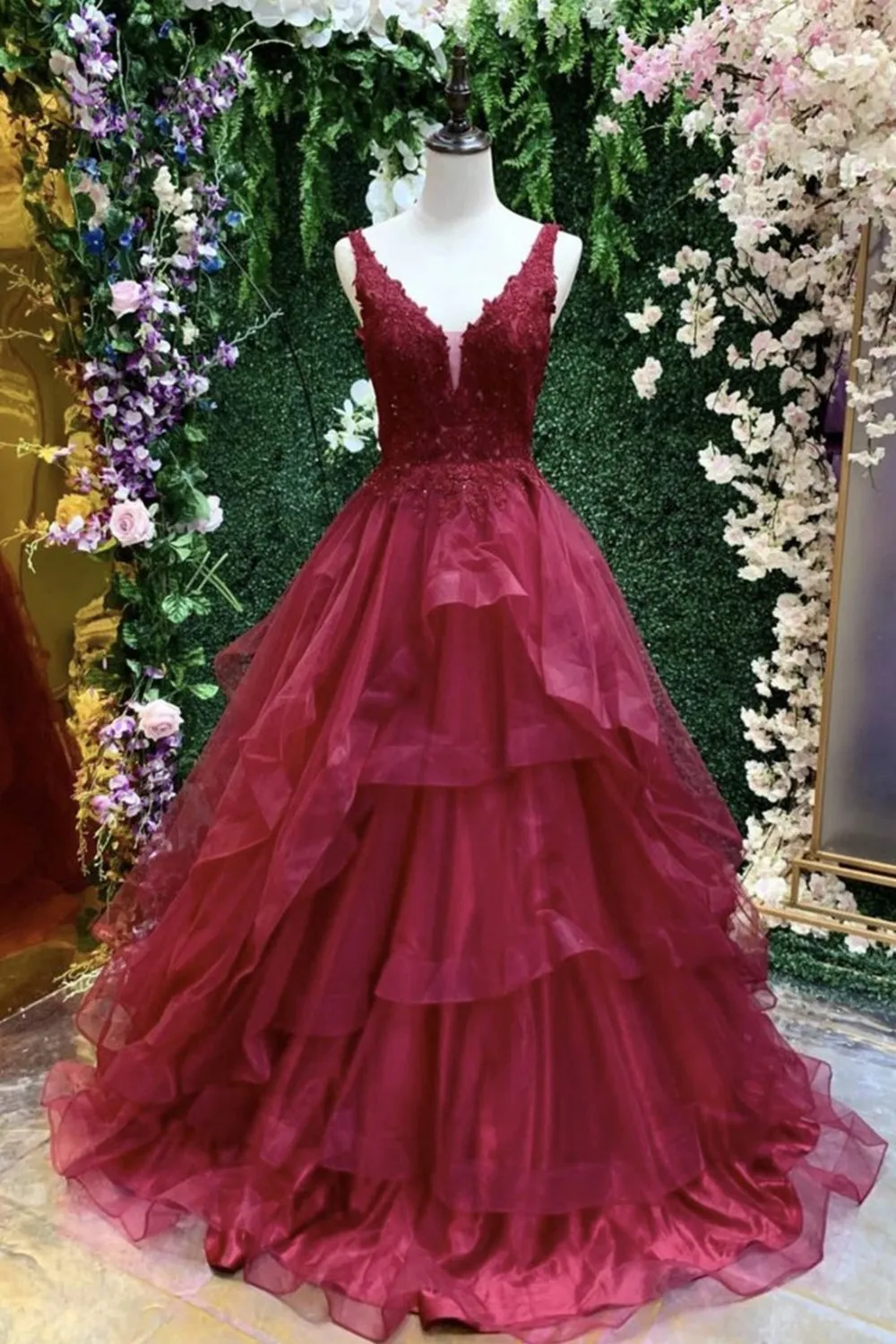 V Neck Open Back Burgundy Lace Long Prom Dress, Burgundy Lace Formal Evening Dress, Burgundy Ball Gown A1308