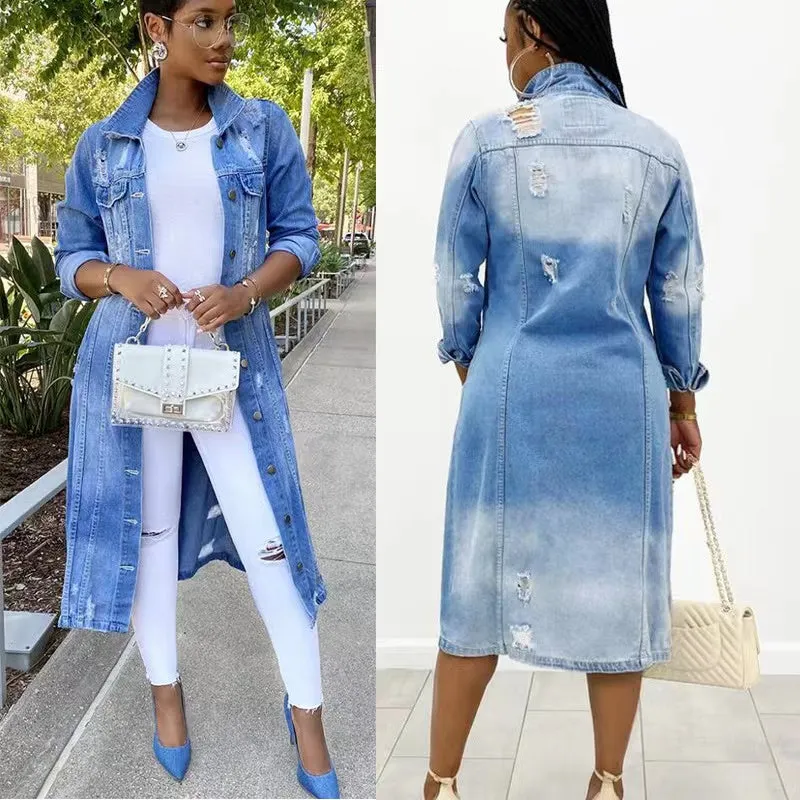 Wholesale long windbreaker long denim coat with holes （CL9495）