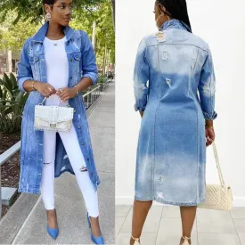 Wholesale long windbreaker long denim coat with holes （CL9495）