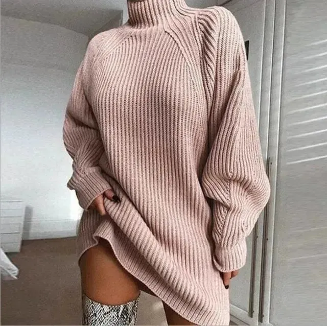 Winter Solid Knitted turtleneck sweater dress Mini