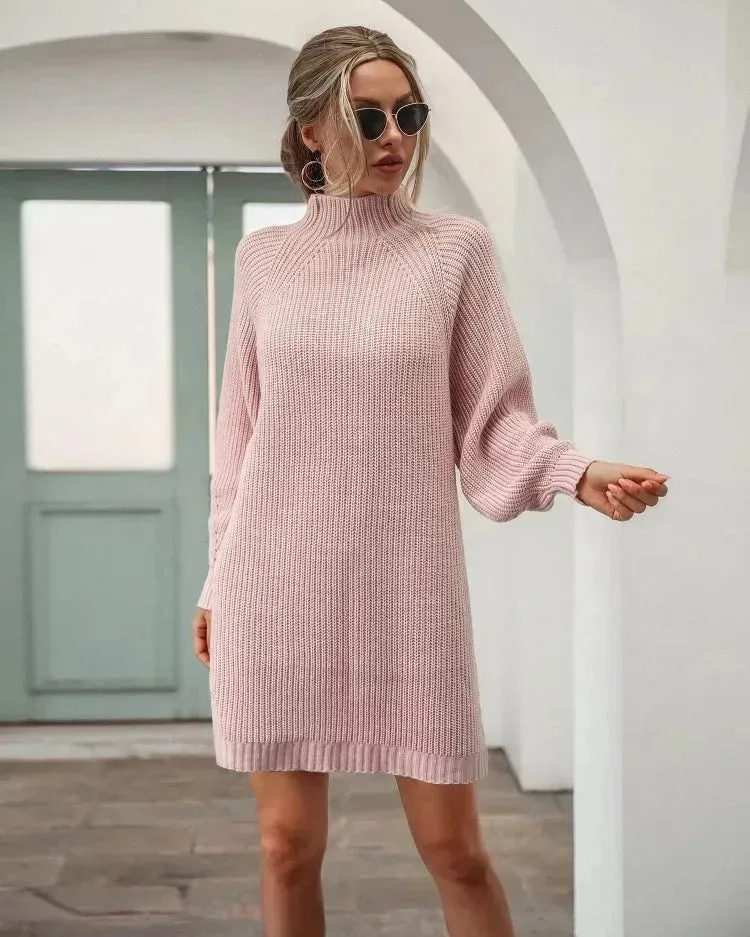 Winter Solid Knitted turtleneck sweater dress Mini