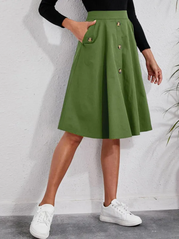 Women's Button Front Midi Length A Line Skirt