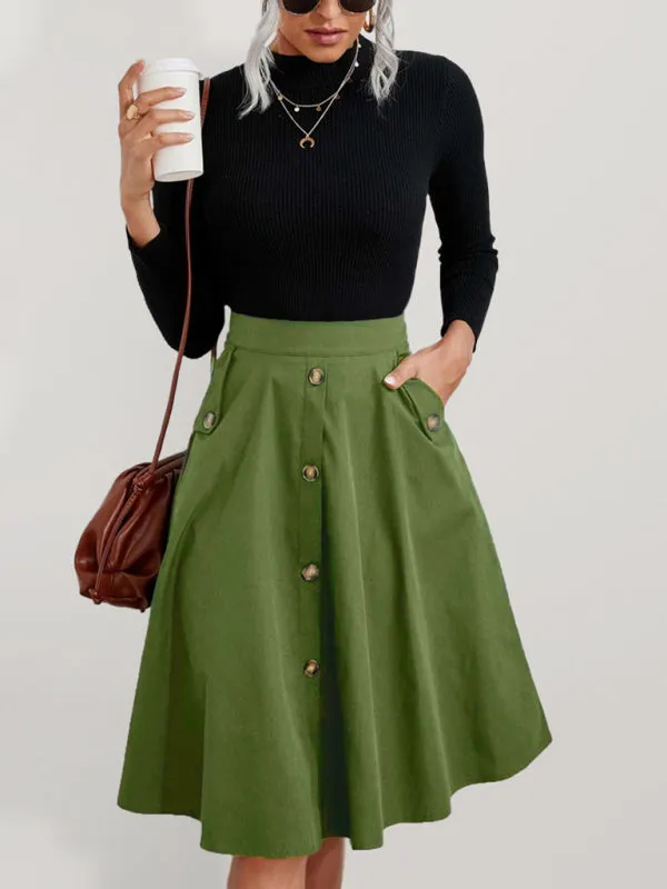 Women's Button Front Midi Length A Line Skirt