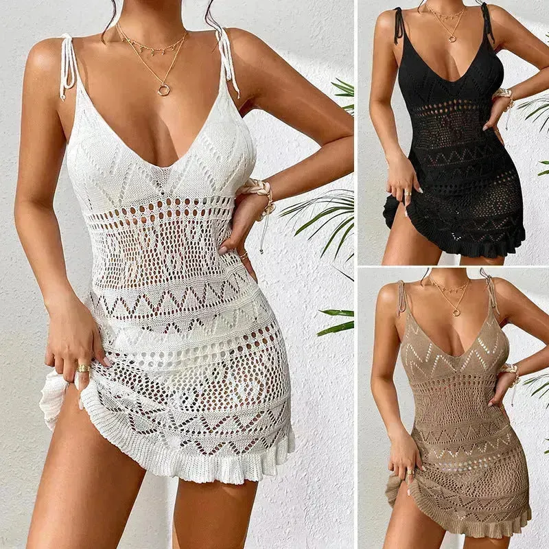 Women's Fashion Suspenders Deep V Knitted Beach Skirt Dress for Chic Ladies